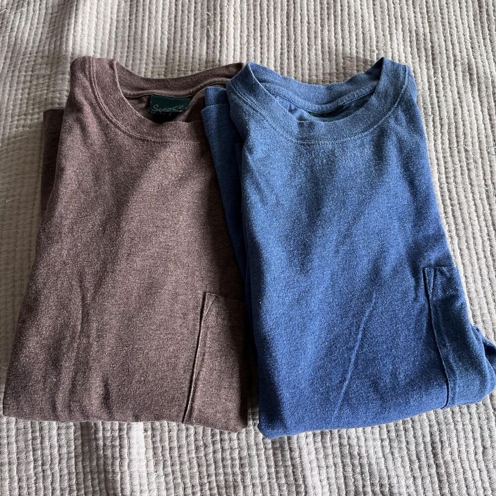 Scandia Woods Shirt Mens Large‎ Lot 2 Long Sleeve Pocket Tee Crewneck Blue Brown
